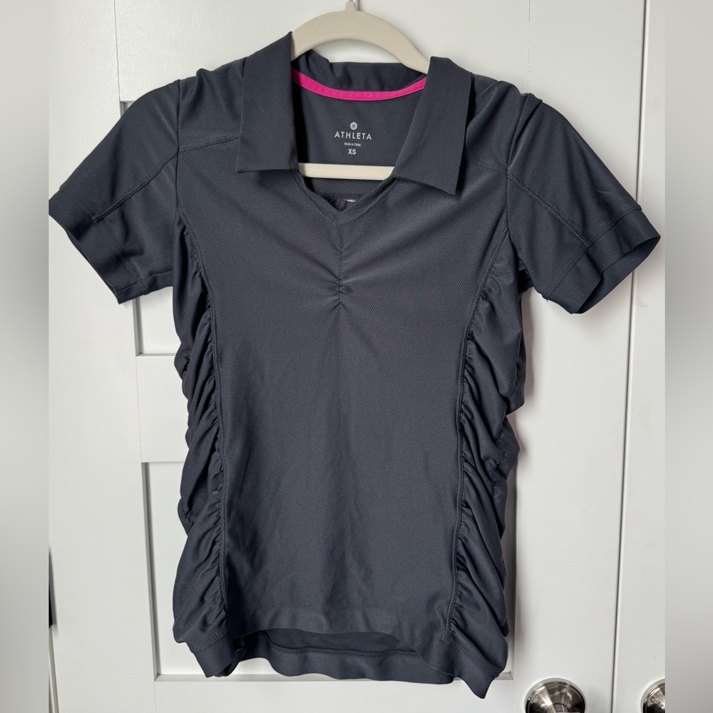 Athleta Women's Gray Short Sleeve Ruched Side Collared Top size XS